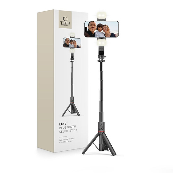 Tech-Protect L05S Bluetooth szelfibot állvánnyal, akár 105 cm-ig, LED lámpával - fekete