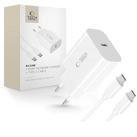 Tech-Protect NC20W PD20W USB-C fali töltő USB-C kábellel - fehér
