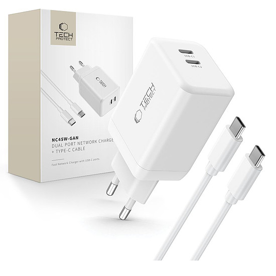Tech-Protect NC45W-GAN 2-PORTOS PD45W töltő + TYPE-C kábel - fehér