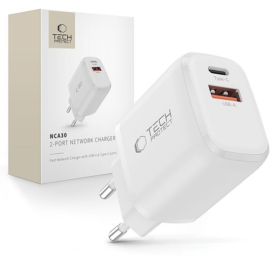 Tech-Protect NCA30 PD 30W QC3.0 USB-A / USB-C fali töltő - fehér