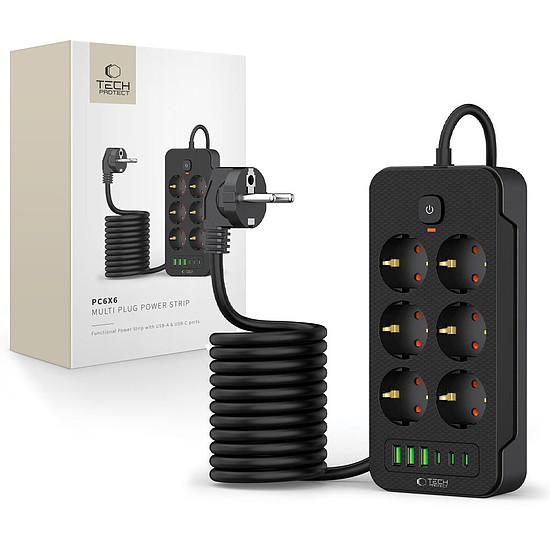 Tech-Protect PC6X6 elosztó 6 aljzat 240V + 3xUSB-A + 3xUSB-C 200cm - fekete
