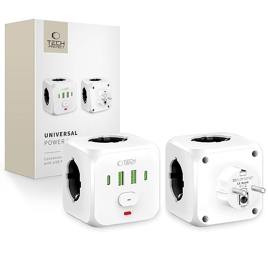 Tech-Protect PCL3x4 elosztó, 2x USB-A, 2x USB-C, 3x AC típusú Schuko - fehér