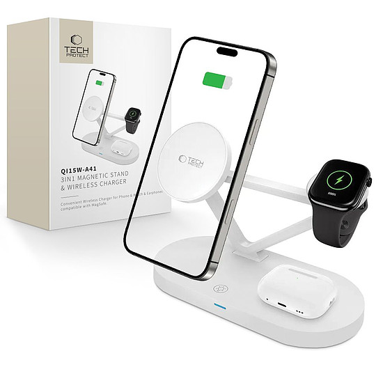 Tech-Protect QI15W-A41 3 az 1-ben vezeték nélküli töltő MagSafe-fel Apple eszközökhöz - fehér