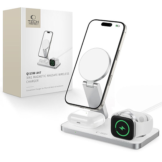 Tech-Protect QI15W-A47 MagSafe 3 az 1-ben induktív töltő + USB-C kábel - fehér