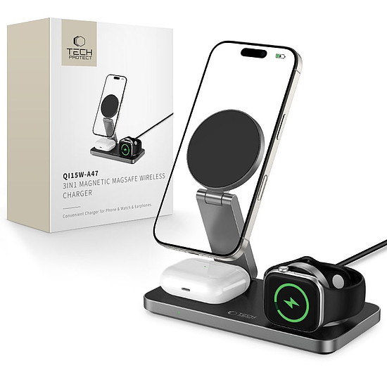 Tech-Protect QI15W-A47 MagSafe 3 az 1-ben induktív töltő + USB-C kábel - fekete