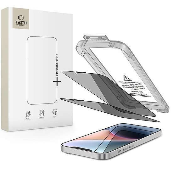 Tech-Protect Quick Set Spy+ adatvédelmi üveg iPhone 13 / 13 Pro / 14 / 16e készülékhez, 2 db-os csomag