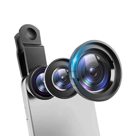 Techsuit - Telefonkamera objektívkészlet (W33) - Makró, nagy látószögű, Fish Eye HD üveg E-klippel, táska és lencsevédő - fekete (KF238600)