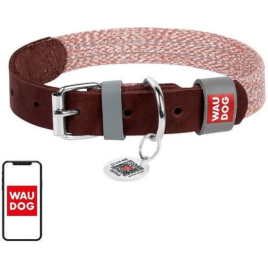 Természetes bőrből és újrahasznosított anyagból készült kutyanyakörv QR kóddal Waudog L méret, szélesség 25 mm, barna (58936)