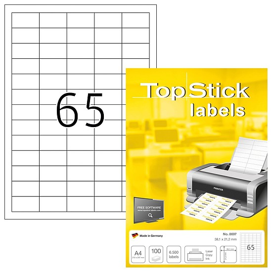 TopStick No. 8697 univerzális 38,1x21,2mm méretű, fehér öntapadós etikett címke A4-es íven - 6500 címke / doboz - 100 ív / doboz (TopStick 8697)