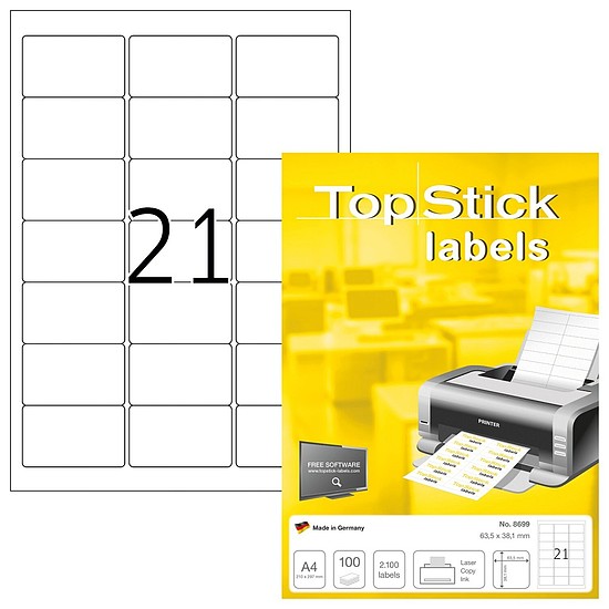 TopStick No. 8699 univerzális 63,5x38,1mm méretű, fehér öntapadós etikett címke A4-es íven - 2100 címke / doboz - 100 ív / doboz (TopStick 8699)