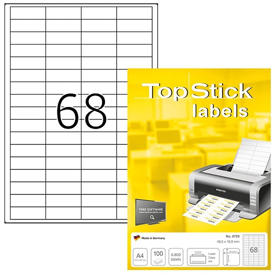 TopStick No. 8729 univerzális 48,5x16,9mm méretű, fehér öntapadós etikett címke A4-es íven - 6500 címke / doboz - 100 ív / doboz (TopStick 8729)