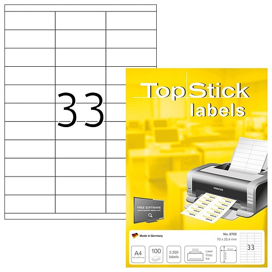 TopStick No. 8702 univerzális 70x25,4mm méretű, fehér öntapadós etikett címke A4-es íven - 3300 címke / doboz - 100 ív / doboz (TopStick 8702)