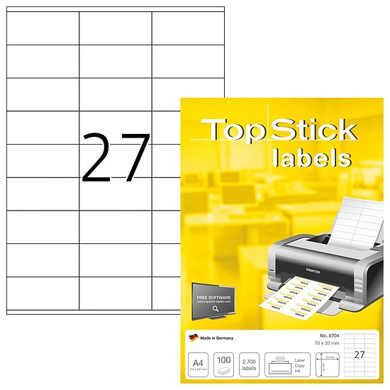 TopStick No. 8704 univerzális 70x32mm méretű, fehér öntapadós etikett címke A4-es íven - 2700 címke / doboz - 100 ív / doboz (TopStick 8704)