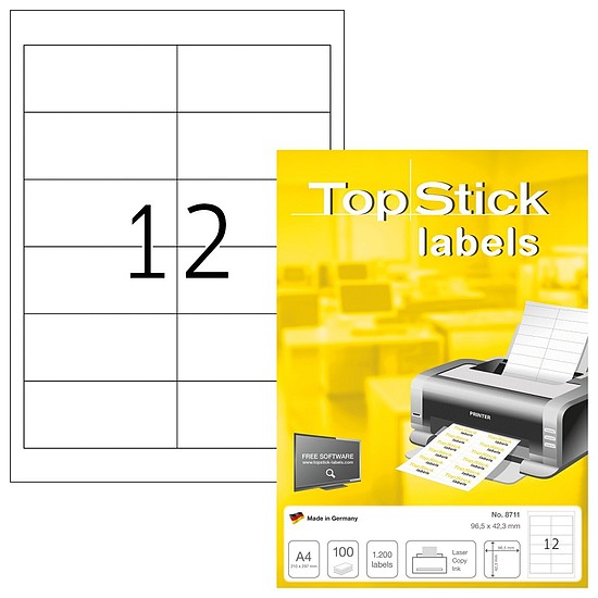 TopStick No. 8711 univerzális 96,5x42,3mm méretű, fehér öntapadós etikett címke A4-es íven - 1200 címke / doboz - 100 ív / doboz (TopStick 8711)