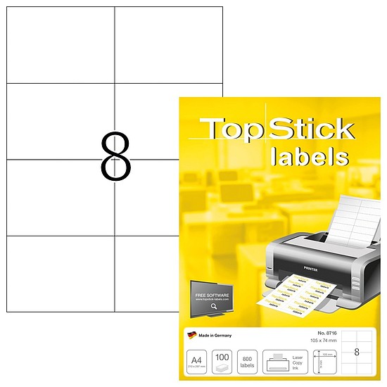 TopStick No. 8716 univerzális 105x74mm méretű, fehér öntapadós etikett címke A4-es íven - 800 címke / doboz - 100 ív / doboz (TopStick 8716)