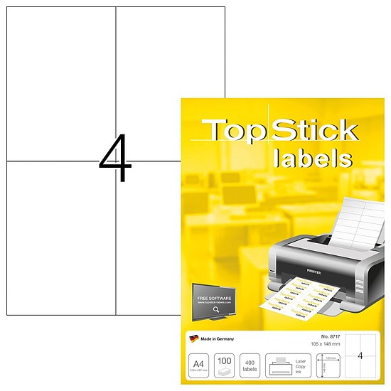 TopStick No. 8717 univerzális 105x148mm méretű, fehér öntapadós etikett címke A4-es íven - 400 címke / doboz - 100 ív / doboz (TopStick 8717)