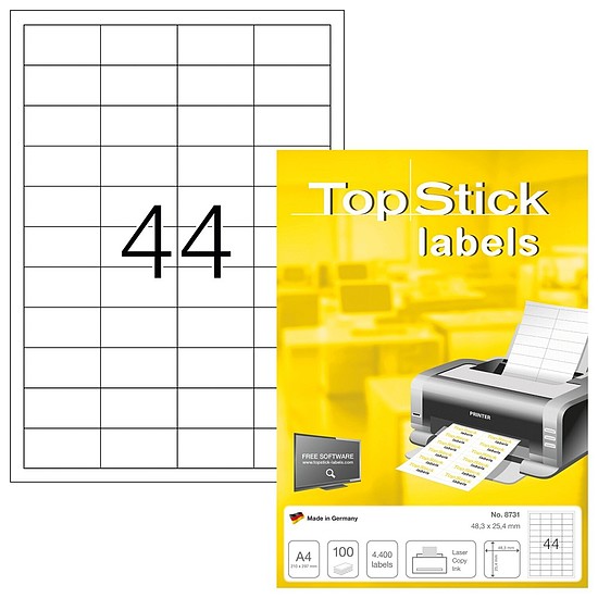 TopStick No. 8731 univerzális 48,3x25,4mm méretű, fehér öntapadós etikett címke A4-es íven - 4400 címke / doboz - 100 ív / doboz (TopStick 8731)