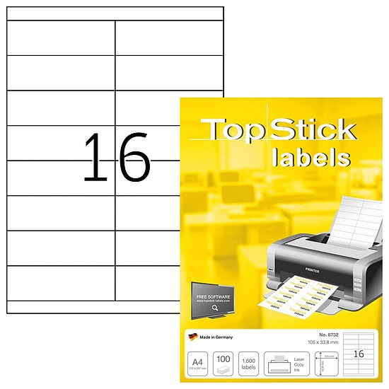 TopStick No. 8732 univerzális 105x33,8mm méretű, fehér öntapadós etikett címke A4-es íven - 1600 címke / doboz - 100 ív / doboz (TopStick 8732)