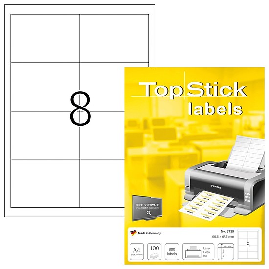 TopStick No. 8739 univerzális 96,5x67,7mm méretű, fehér öntapadós etikett címke A4-es íven - 800 címke / doboz - 100 ív / doboz (TopStick 8739)