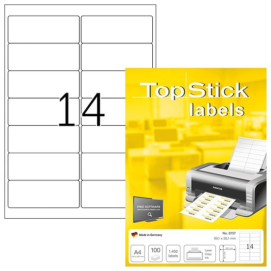 TopStick No. 8757 univerzális 99,1x38,1mm méretű, fehér öntapadós etikett címke A4-es íven - 1400 címke / doboz - 100 ív / doboz (TopStick 8757)