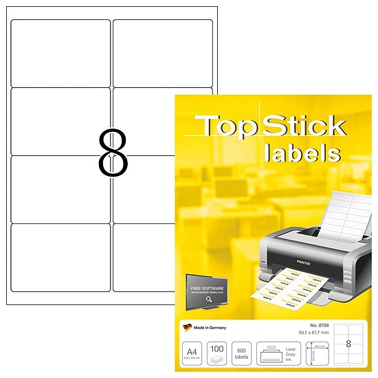 TopStick No. 8758 univerzális 99,1x67,7mm méretű, fehér öntapadós etikett címke A4-es íven - 800 címke / doboz - 100 ív / doboz (TopStick 8758)
