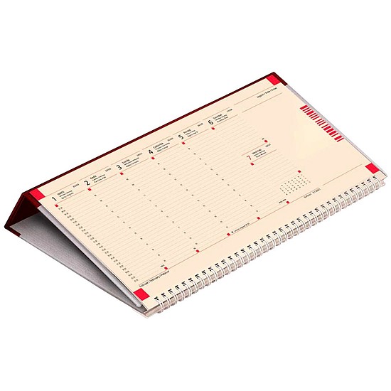 TopTimer kép nélküli asztali naptár 325x155 mm félórás beosztás, jegyzetblokkos, chamois lap fekvő háttal C050 bordó 2024