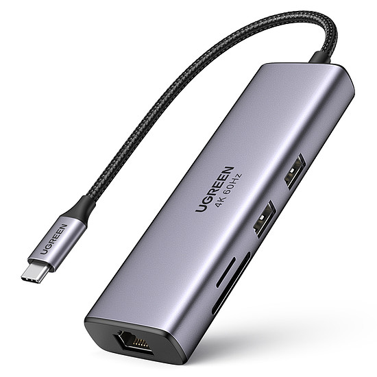 Ugreen 7 az 1-ben többfunkciós HUB USB Type C - 2x USB 3.2 Gen 1 / HDMI 4K 60Hz / SD és TF kártyaolvasó / USB Type C PD 100W / RJ45 1000Mbps (1Gbps) szürke (60515 CM512)