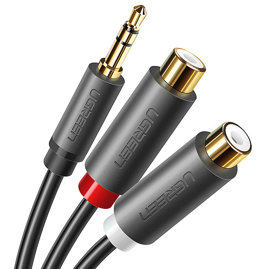 Ugreen audioadapter jack csatlakozó 3,5 mm-es dugasz-2xRCA anyakábel, 0,25 m szürke (AV109)