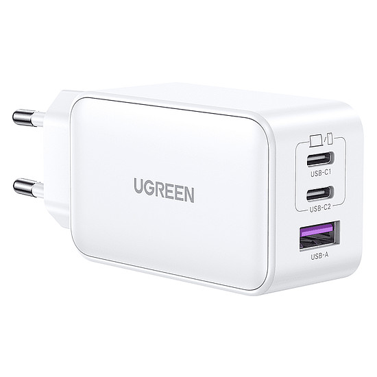 Ugreen - Nexode fali töltő (15334) - USB-A, QC 3.0, 2x USB-C, PD, GaN 65 W, 3,25 A - fehér (KF2313685)