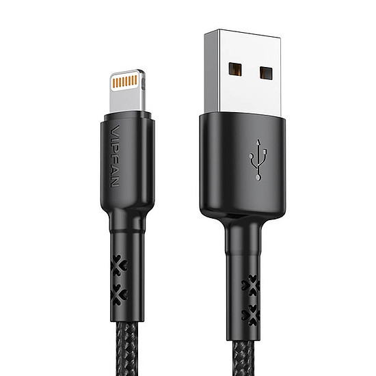 USB és Lightning kábel Vipfan X02, 3A, 1,8m, fekete (X02LT-1.8m-black)