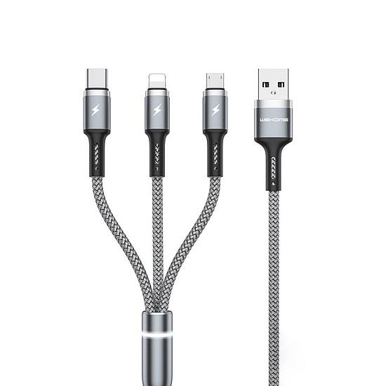 WEKOME WDC-119 Fython sorozat - 3 az 1-ben USB-A-Lightning + USB-C + Micro USB PD csatlakozókábel 1,2 m ezüst (WK-WDC-119_SILVER)