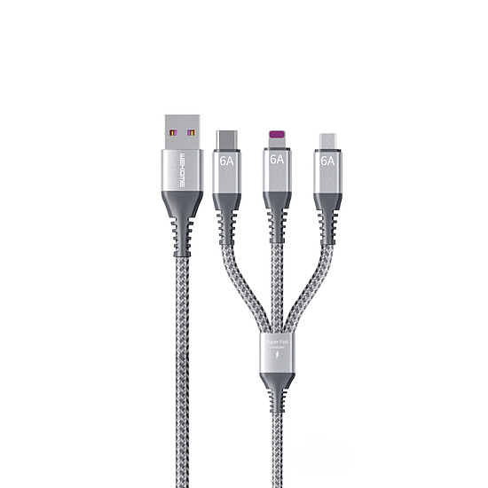 WEKOME WDC-170 Raython sorozat - 3 az 1-ben USB-A - USB-C + Lightning + Micro USB 1,2 m-es gyorstöltő PD-kábel ezüst (WK-WDC-170_SILVER)