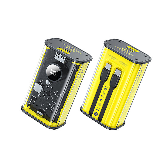 WEKOME WP-345 Vanguard Series - Power bank 10000 mAh gyorstöltés beépített USB-C és Lightning PD 20 W kábellel + QC 22,5 W sárga (WK-WP-345_YELLOW)