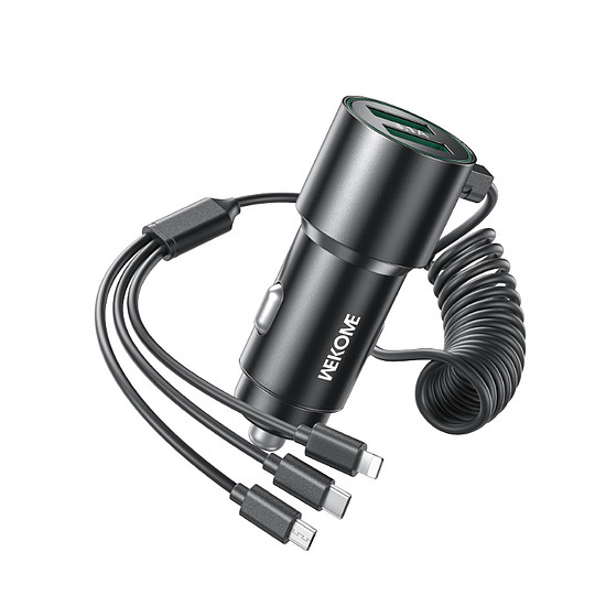 WEKOME WP-C44 Pop digitális sorozat - Autós töltő beépített 3 az 1-ben USB-C / Lightning / Micro USB + 2x USB-A 33 W-os kábellel fekete (WK-WP-C44_BLACK)