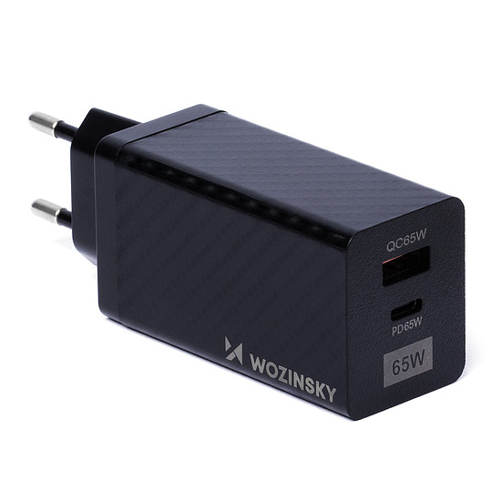 Wozinsky 65W GaN töltő USB portokkal, USB C támogatja a QC 3.0 PD fekete (WWCG01) szabványt