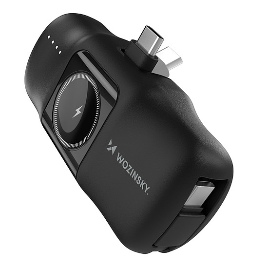 Wozinsky WF16-YCS 5000mAh 15W USB-C Mini Power Bank Beépített USB-C Kábellel és Apple Watch Töltővel - Fekete