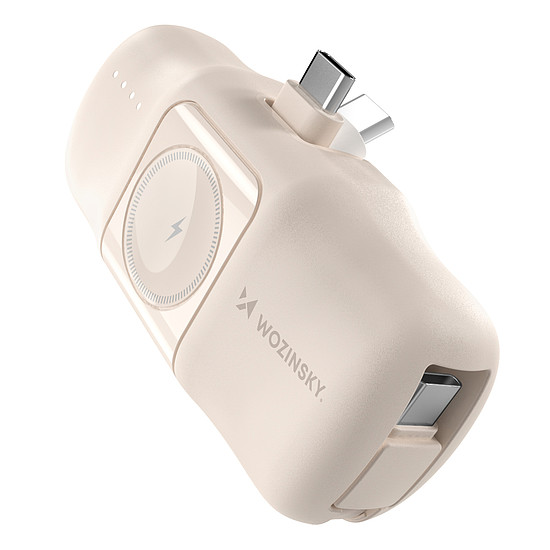 Wozinsky WF16-YCS 5000mAh 15W USB-C Mini Power Bank Beépített USB-C Kábellel és Apple Watch Töltővel - Bézs