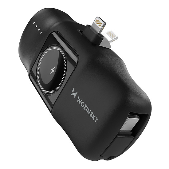 Wozinsky WF16-YLS 5000mAh 15W Lightning Mini Power Bank beépített USB-C kábellel és Apple Watch töltővel - fekete