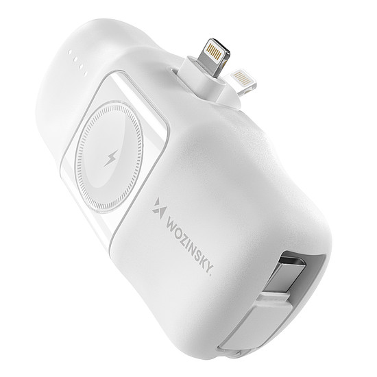 Wozinsky WF16-YLS 5000mAh 15W Lightning Mini Power Bank beépített USB-C kábellel és Apple Watch töltővel - fehér