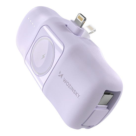 Wozinsky WF16-YLS 5000mAh 15W Lightning Mini Power Bank beépített USB-C kábellel és Apple Watch töltővel - lila