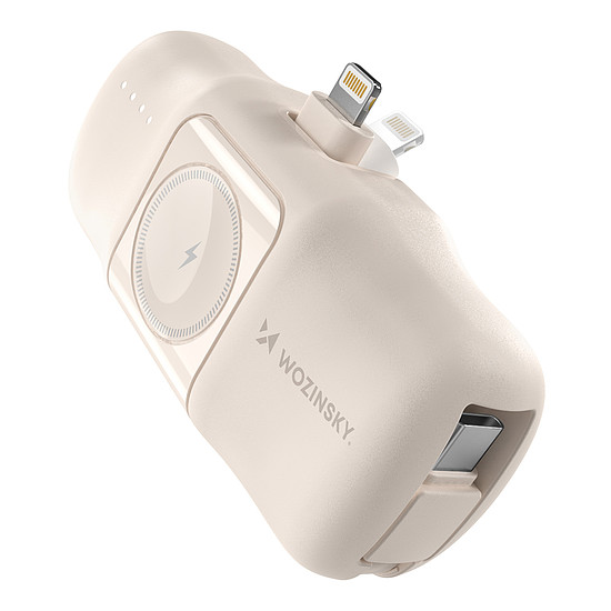 Wozinsky WF16-YLS 5000mAh 15W Lightning Mini Power Bank beépített USB-C kábellel és Apple Watch töltővel - bézs