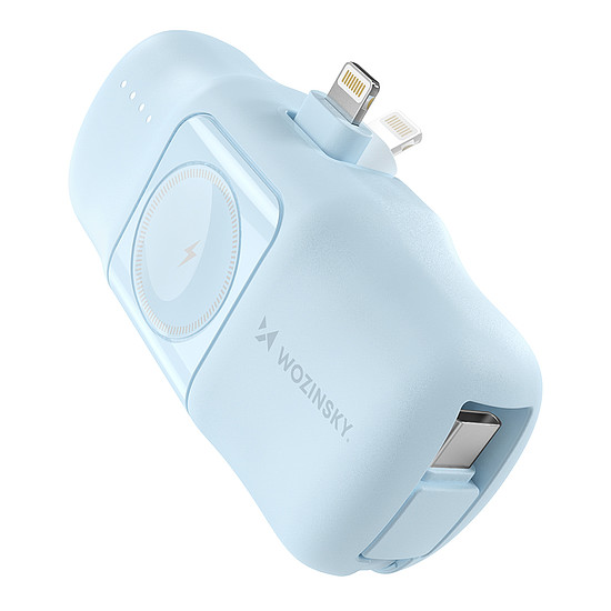 Wozinsky WF16-YLS 5000mAh 15W Lightning Mini Power Bank beépített USB-C kábellel és Apple Watch töltővel - kék