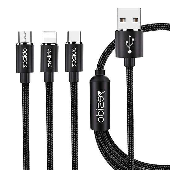 Yesido - Adatkábel (CA60) - 3 az 1-ben USB a Type-C-hez, Lightning, Micro USB, 60 W, 3 A, 1,2 m - Fekete (KF235524)