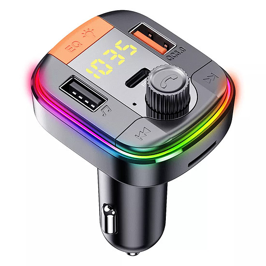 Yesido - Autós töltő (Y45) - FM adóval, 2xUSB-A, Type-C, LED kijelző, RGB fény, 18W - fekete (KF235660)