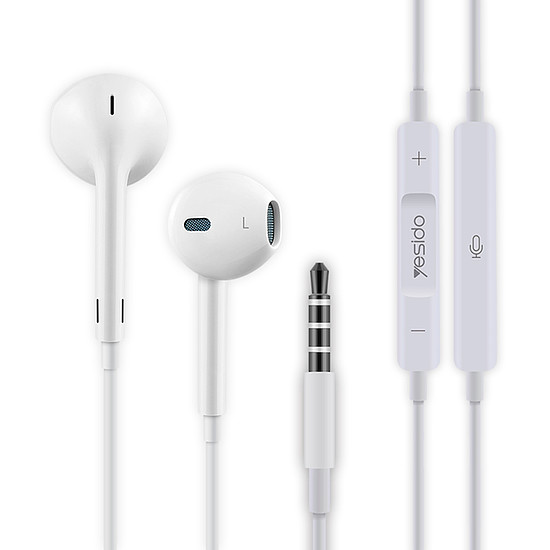 Yesido - Sztereó fülhallgató (YH09) - 3,5 mm-es csatlakozó mikrofonnal, 1,2 m - Fehér (KF234463)