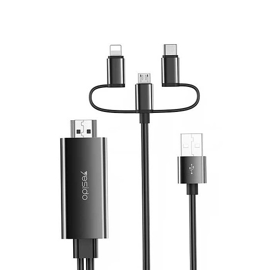 Yesido - Videokábel-adapter 3 az 1-ben (HM05) - HDMI-USB, Lightning, Micro-USB, Type-C, 1080P, 1,8 m - Fekete (KF237178)