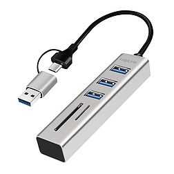 Logilink USB 3.0 hub, 3x USB-A, SD/microSD nyílás, 2 az 1-ben csatlakozókábel, 5 Gbit/s, ezüst (UA0445)