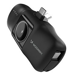 Wozinsky WF16-YCS 5000mAh 15W USB-C Mini Power Bank Beépített USB-C Kábellel és Apple Watch Töltővel - Fekete