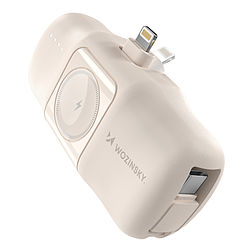 Wozinsky WF16-YLS 5000mAh 15W Lightning Mini Power Bank beépített USB-C kábellel és Apple Watch töltővel - bézs