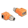Delock M12 A-kódolt adapter 8 tűs anya - RJ45 anya Cat.5e beszerelő mélyedéssel, 90 -ban hajlított, narancssárga színű